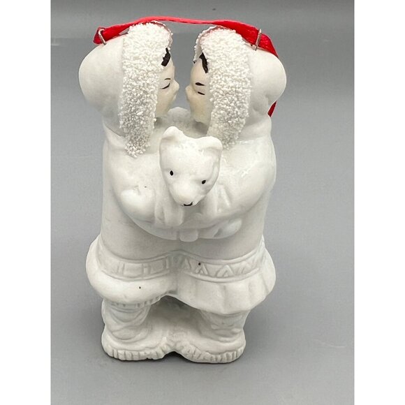 Eskimos Rubbing Noses Kissing Porcelain Tree Ornament white Red Ribbon 3.5" Tall - Picture 1 of 9